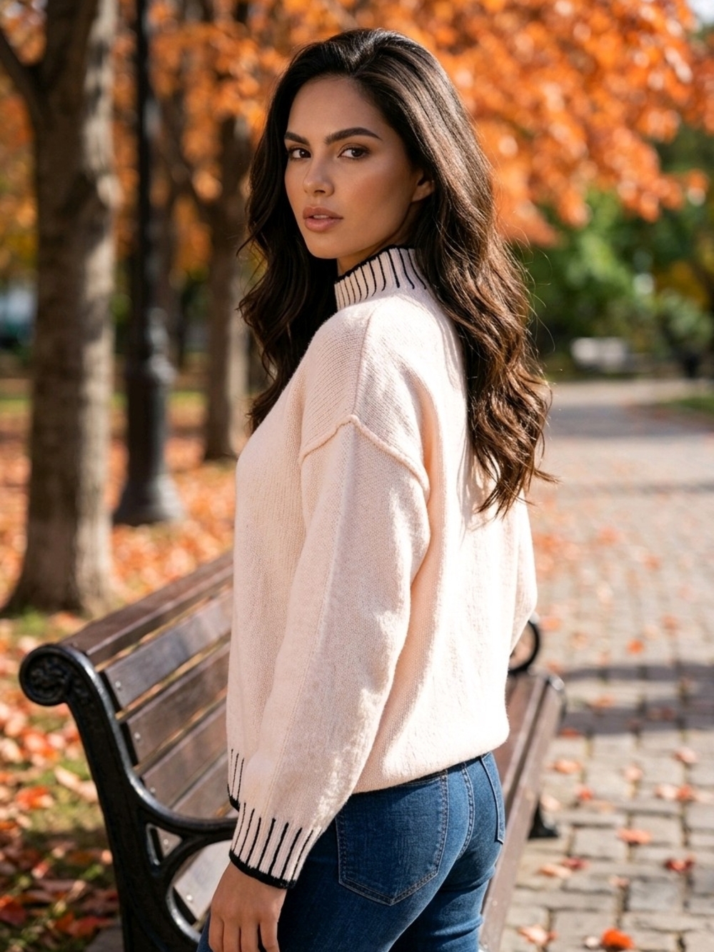 Cream Crewneck Sweater with Black Trim - Women's Sweater - Picture 4 of 15